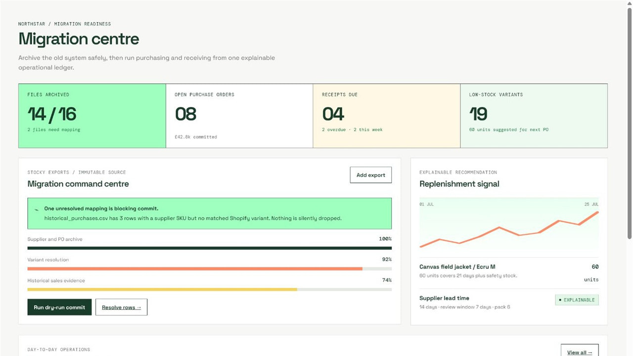 StockPilot purchase order list with supplier and receiving status
