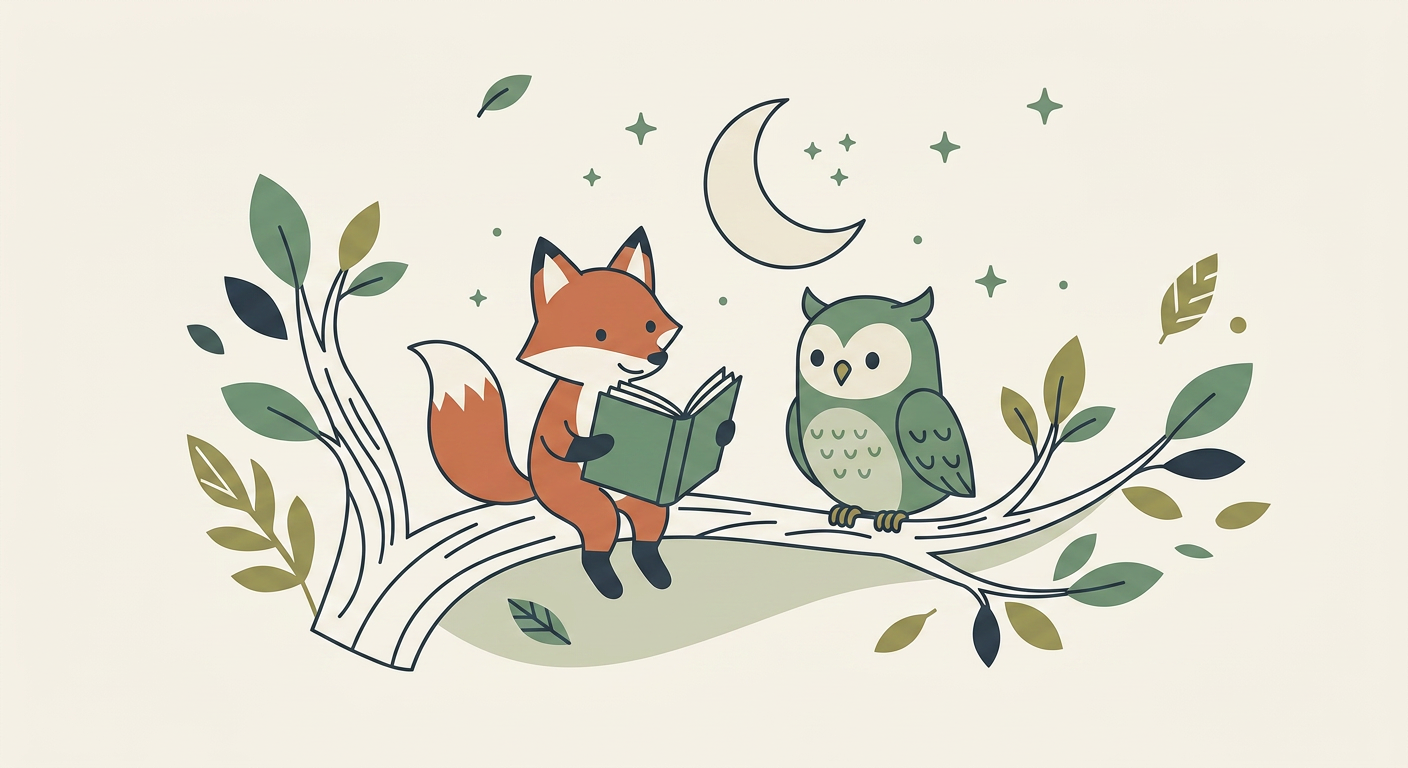 Serene illustration of a fox and owl reading together under the moon