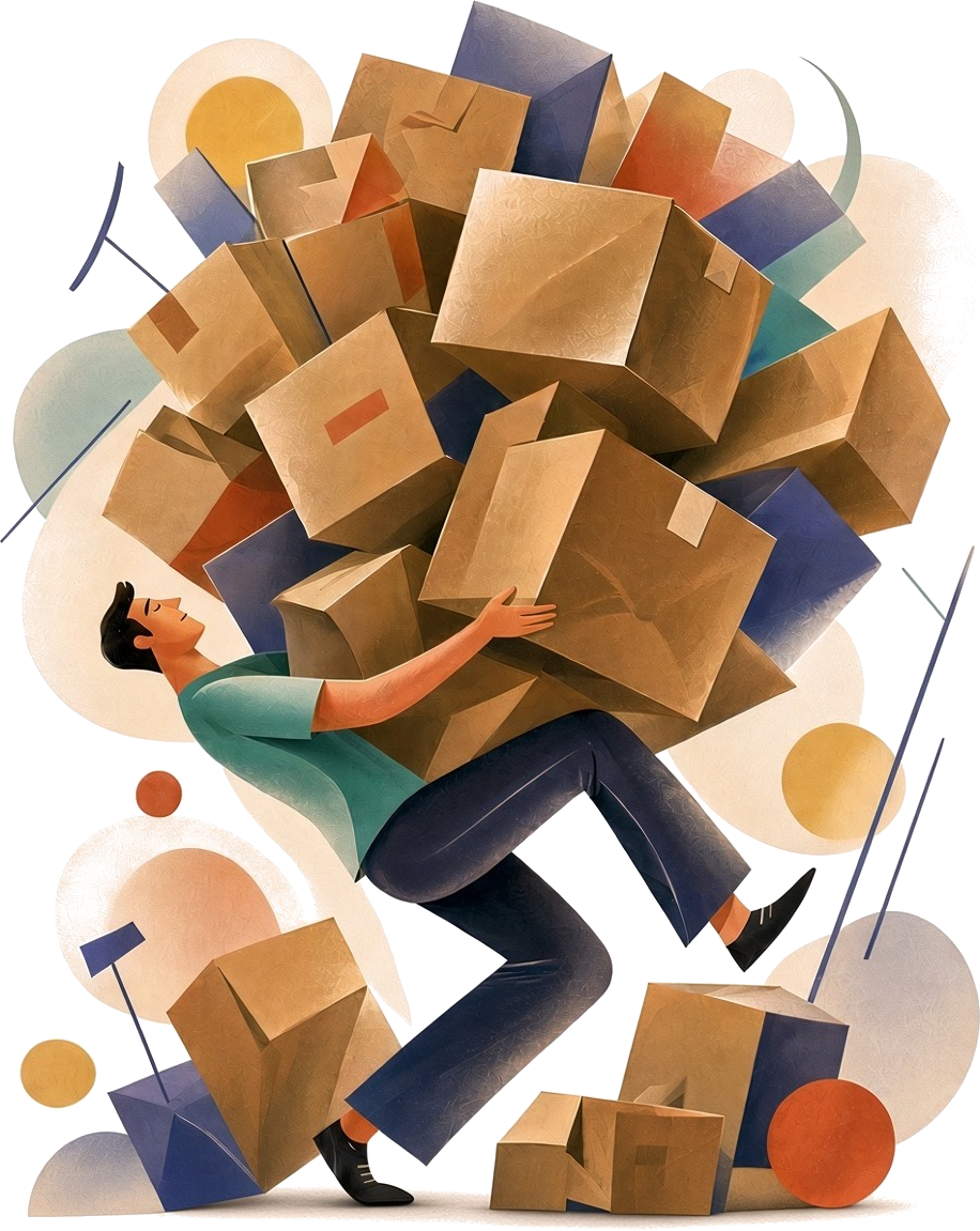 Person carrying a heavy stack of boxes illustration