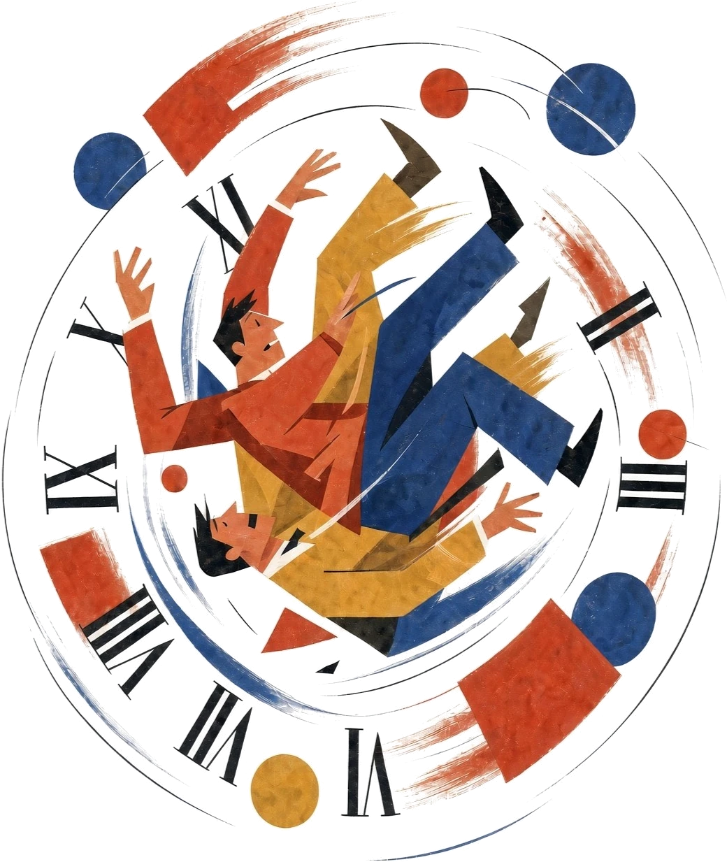 Illustration of people tumbling inside a clock - the cost of waiting