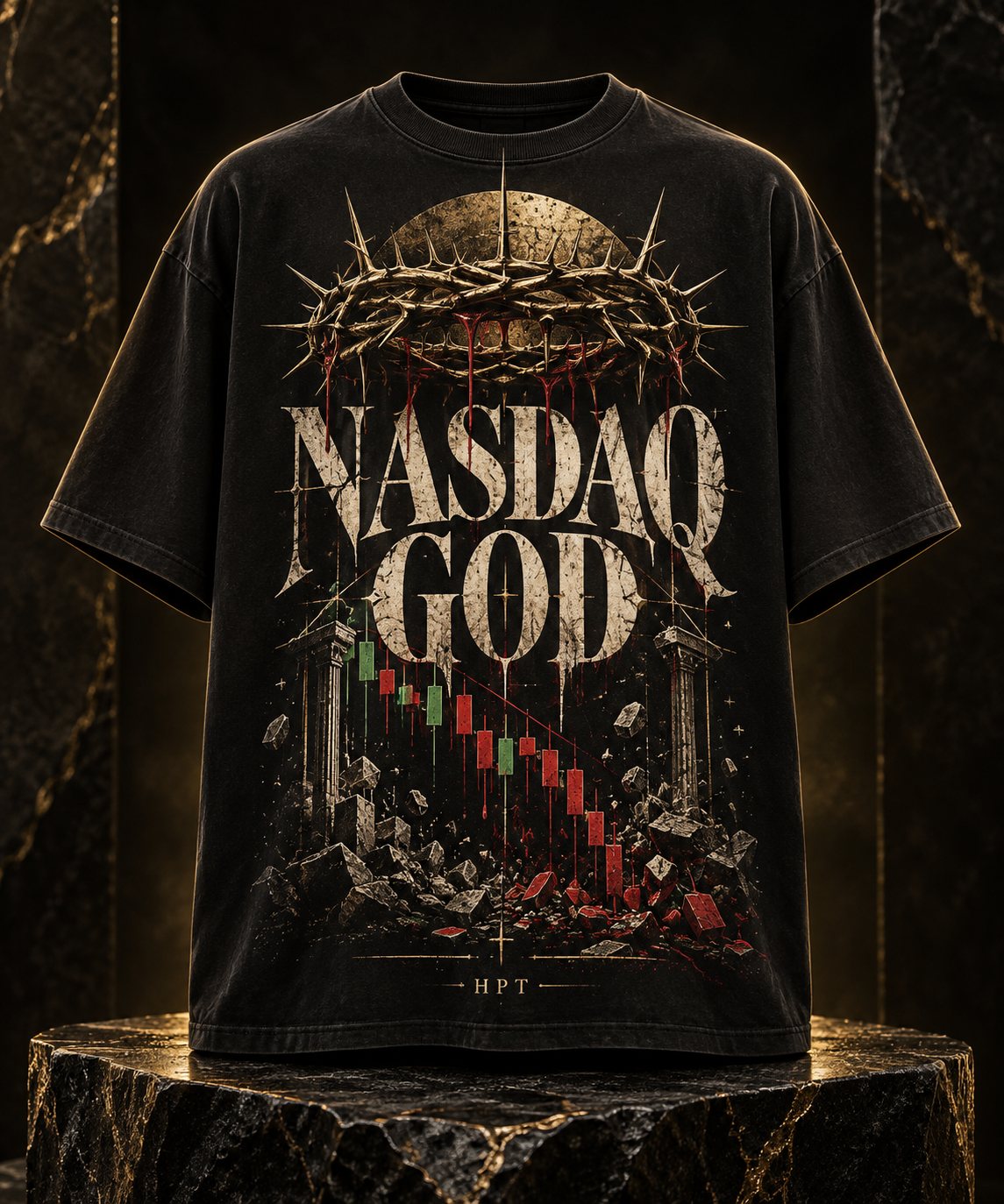 Black oversized NASDAQ GOD tee with thorn crown and crumbling chart
