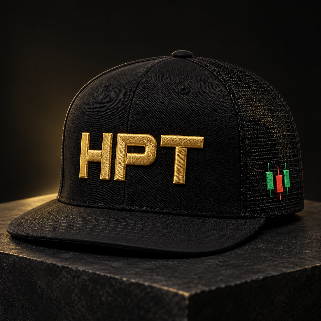 Black HPT snapback with gold embroidery