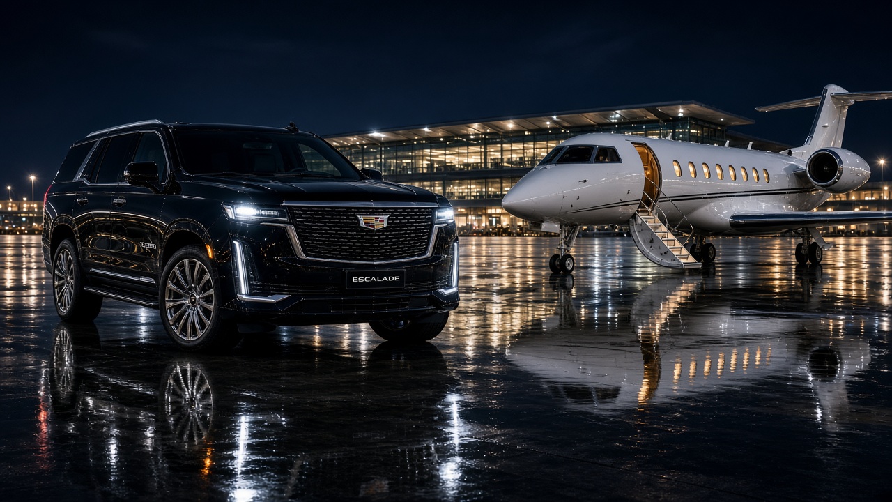 Modern black Cadillac Escalade and private jet on wet night tarmac