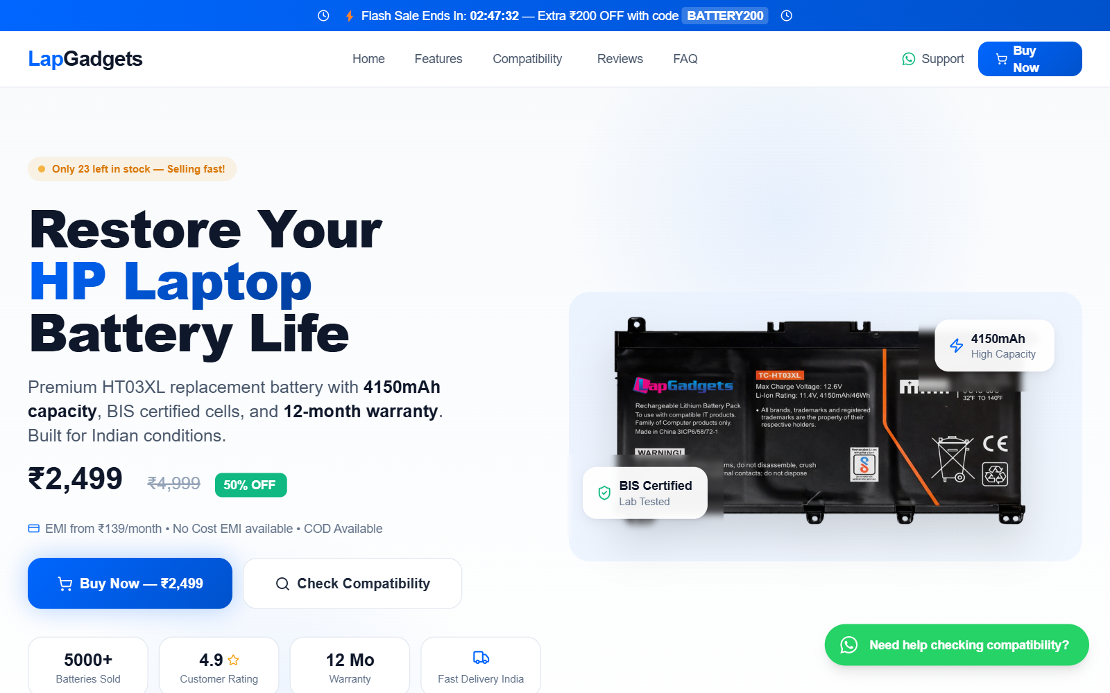 Lap Gadgets HP HT03XL Battery Landing Page preview