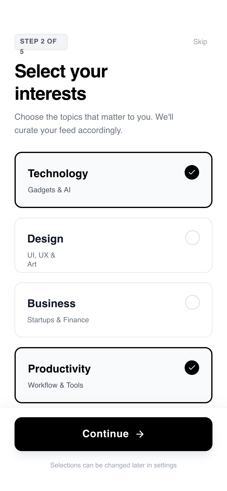 Account Setup Flow — Goals / Interests (Card-Based) preview