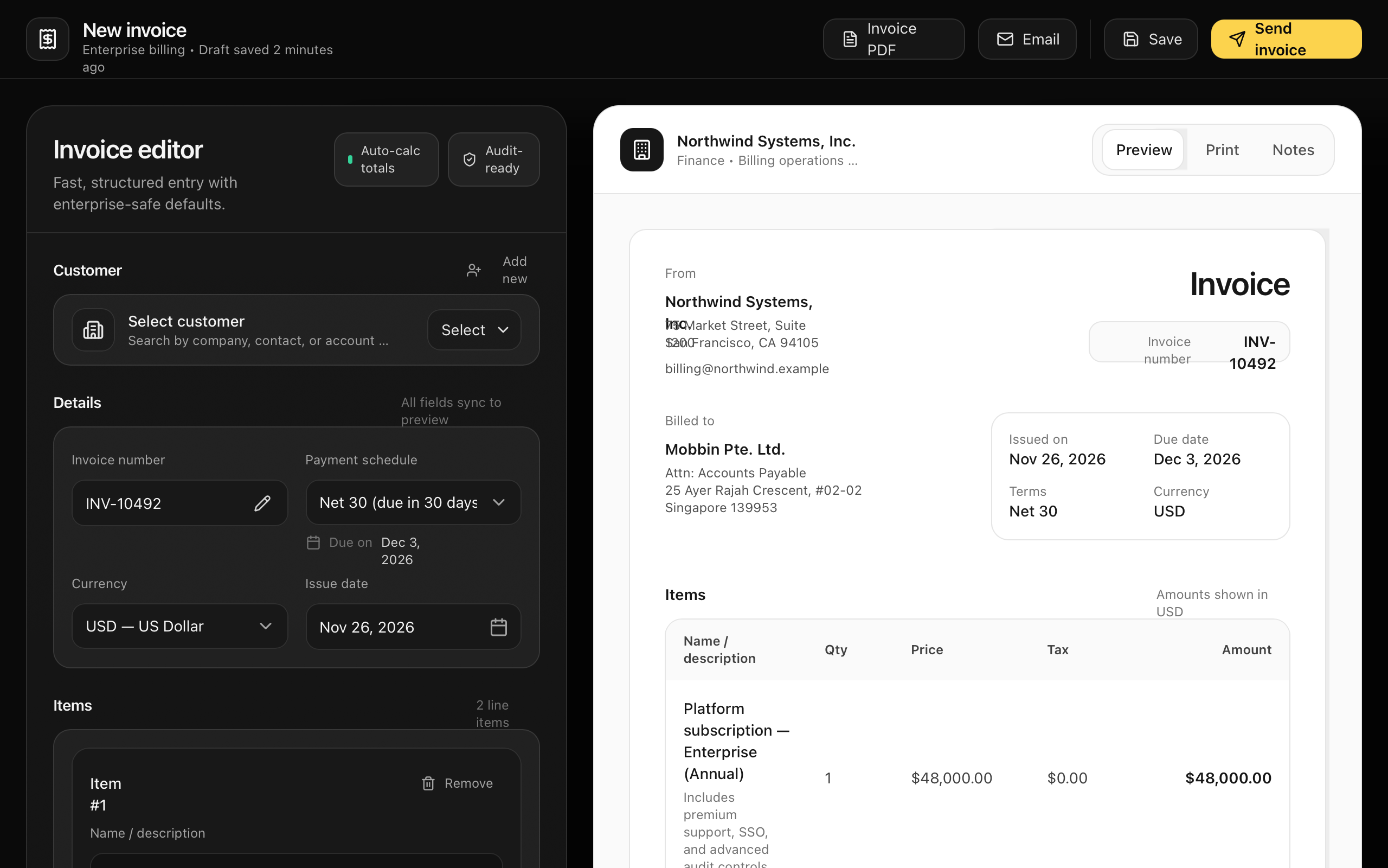 Enterprise Invoice Editor (Split View) preview