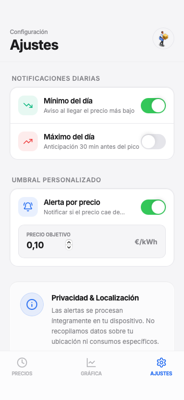 PrecioLuzApp — Settings Tab (Light Mode) preview