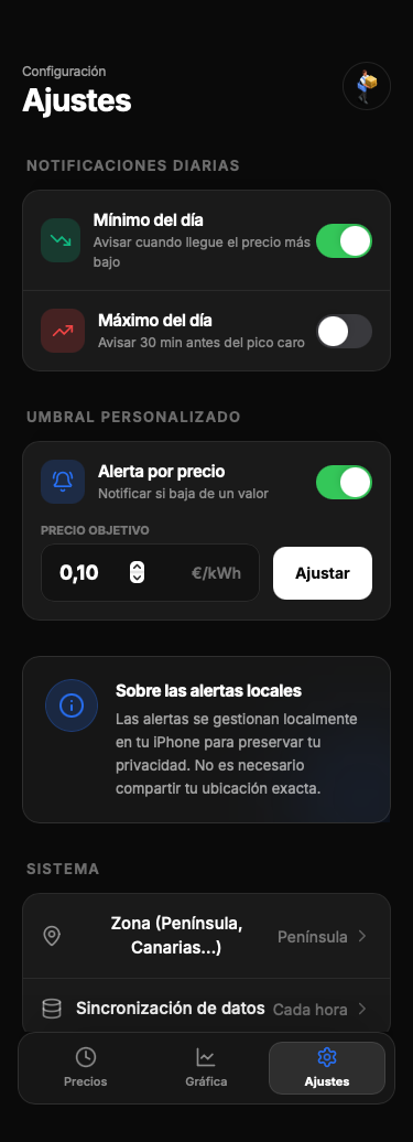 PrecioLuzApp — Settings Tab preview