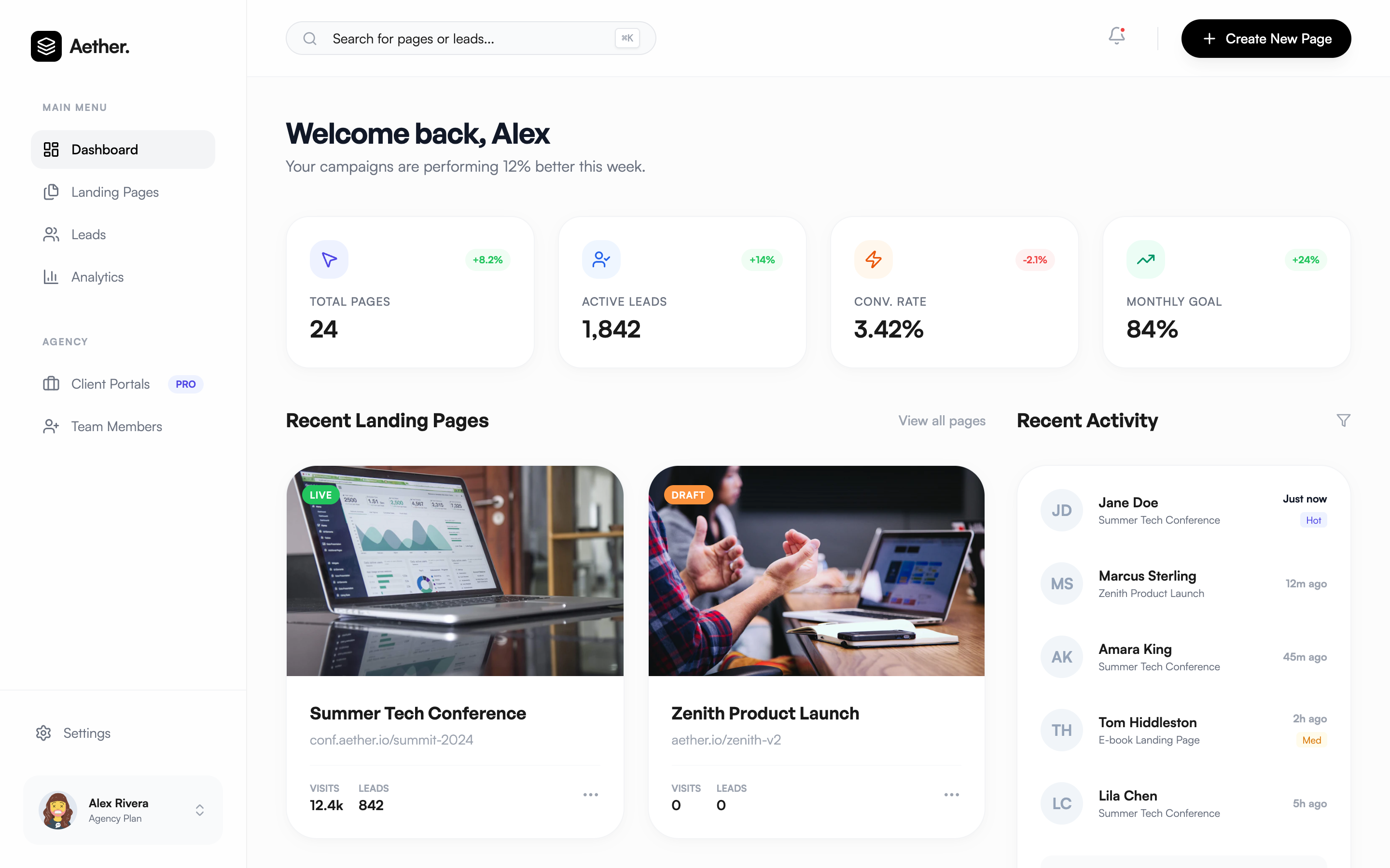 Aether Landing Page SaaS Dashboard preview