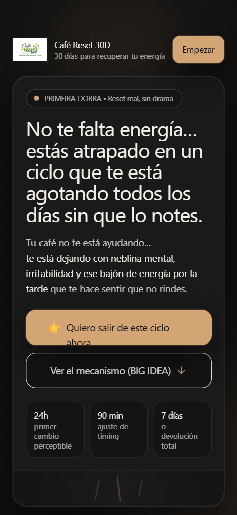 Café Reset 30D — Dark Premium Mobile Landing preview