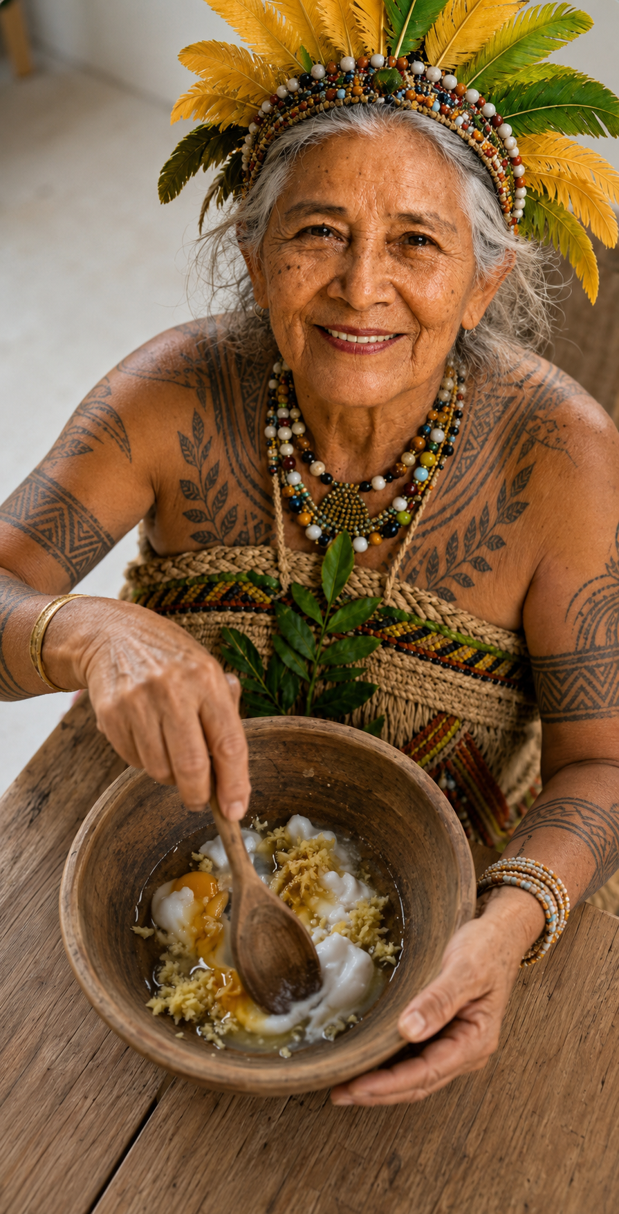 Vó Xayomi a preparar receita ancestral