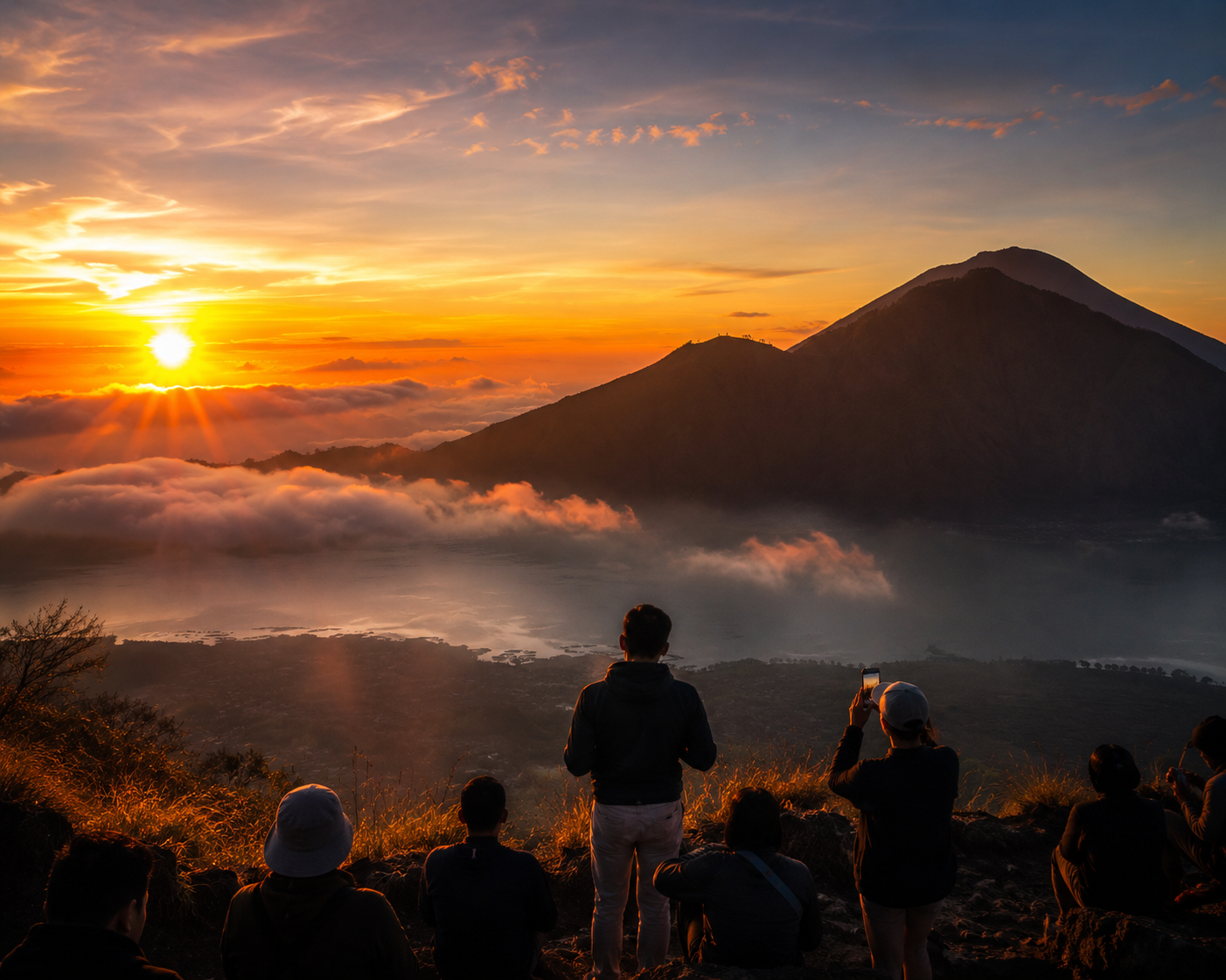 Trekkers enjoying mountain sunrise