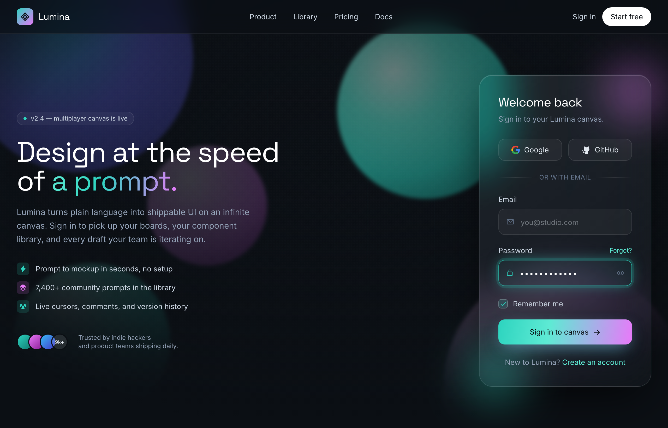 Glassmorphism login: a frosted auth card with an aqua focus ring floating over neon aurora blobs, generated with Superdesign