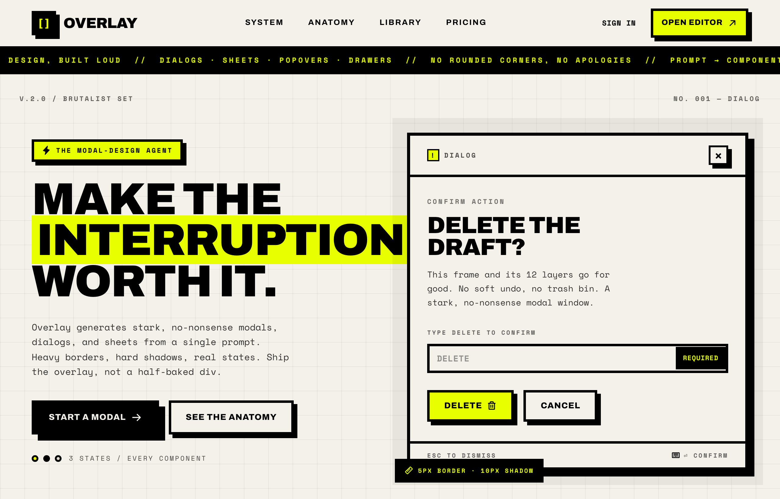 OVERLAY - Brutalist Modal Design, a real brutalism ui components example