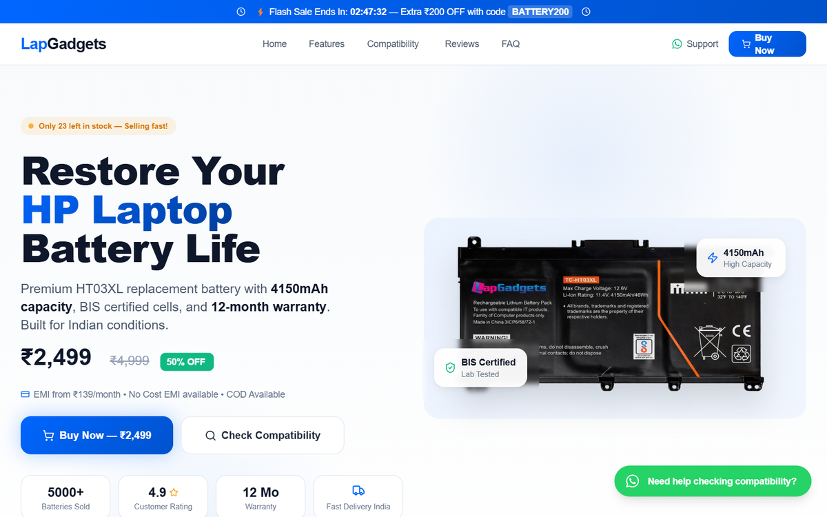 Lap Gadgets HP HT03XL Battery Landing Page preview