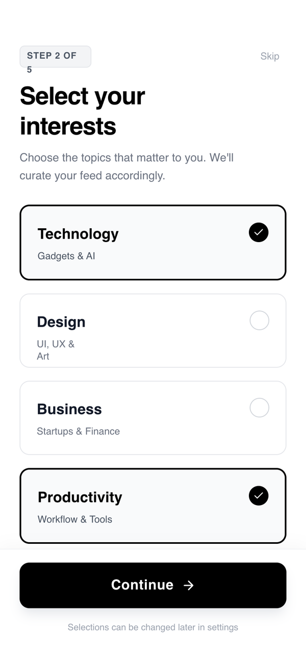 Account Setup Flow - Goals / Interests (Card-Based) preview