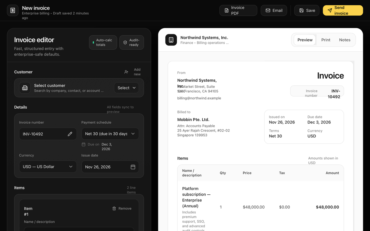 Enterprise Invoice Editor (Split View) preview