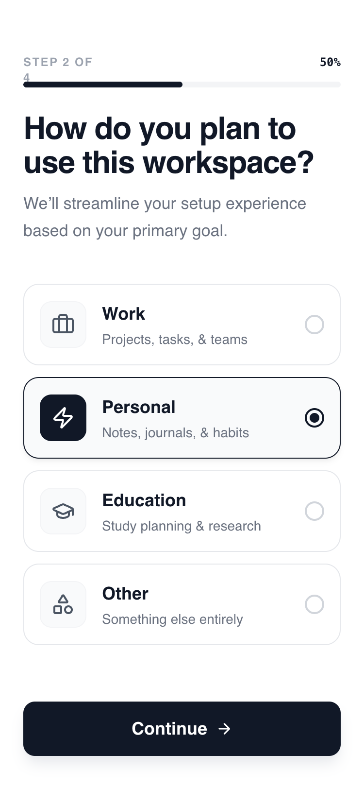 Account Setup Flow — Progressive Disclosure Layout preview