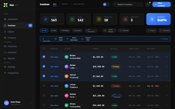 Xan CRM — Invoices List preview