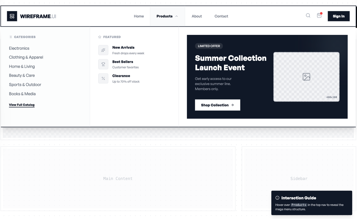 Responsive Wireframe Mega Menu preview