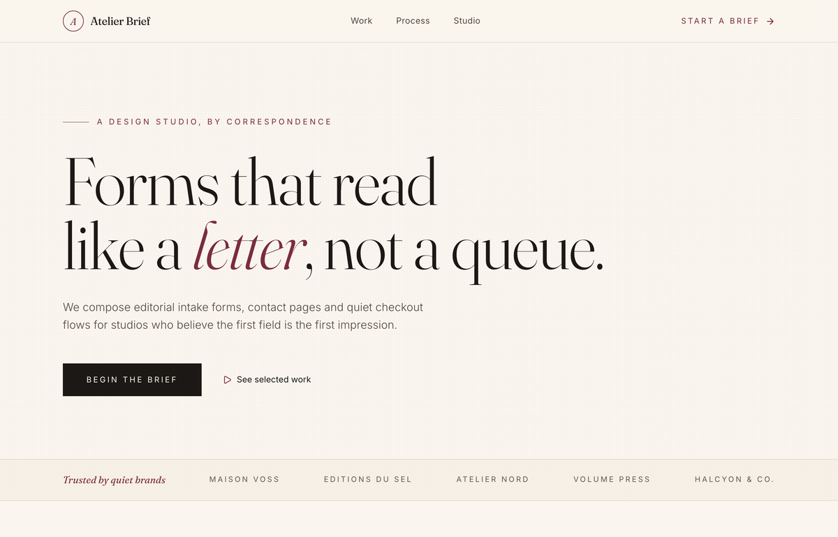 The Atelier Brief — an editorial intake form, set like a letter preview