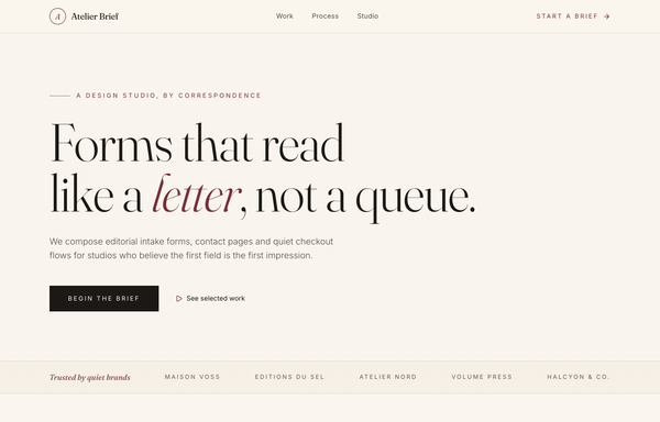 The Atelier Brief - an editorial intake form, set like a letter preview