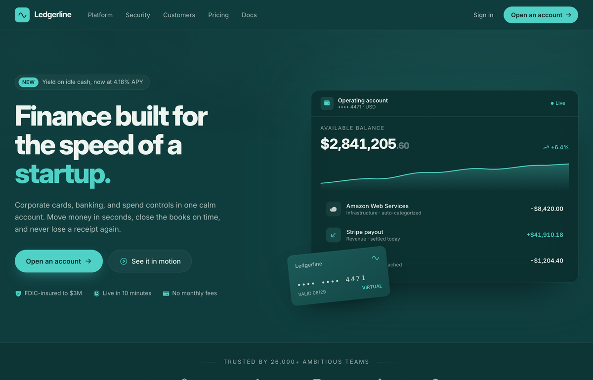 Ledgerline — Deep-Teal + Mint Fintech Startup (Dashboard Hero) preview