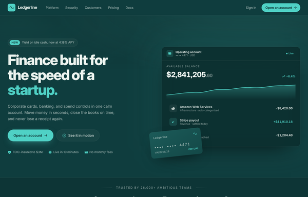 Ledgerline - Deep-Teal + Mint Fintech Startup (Dashboard Hero) preview