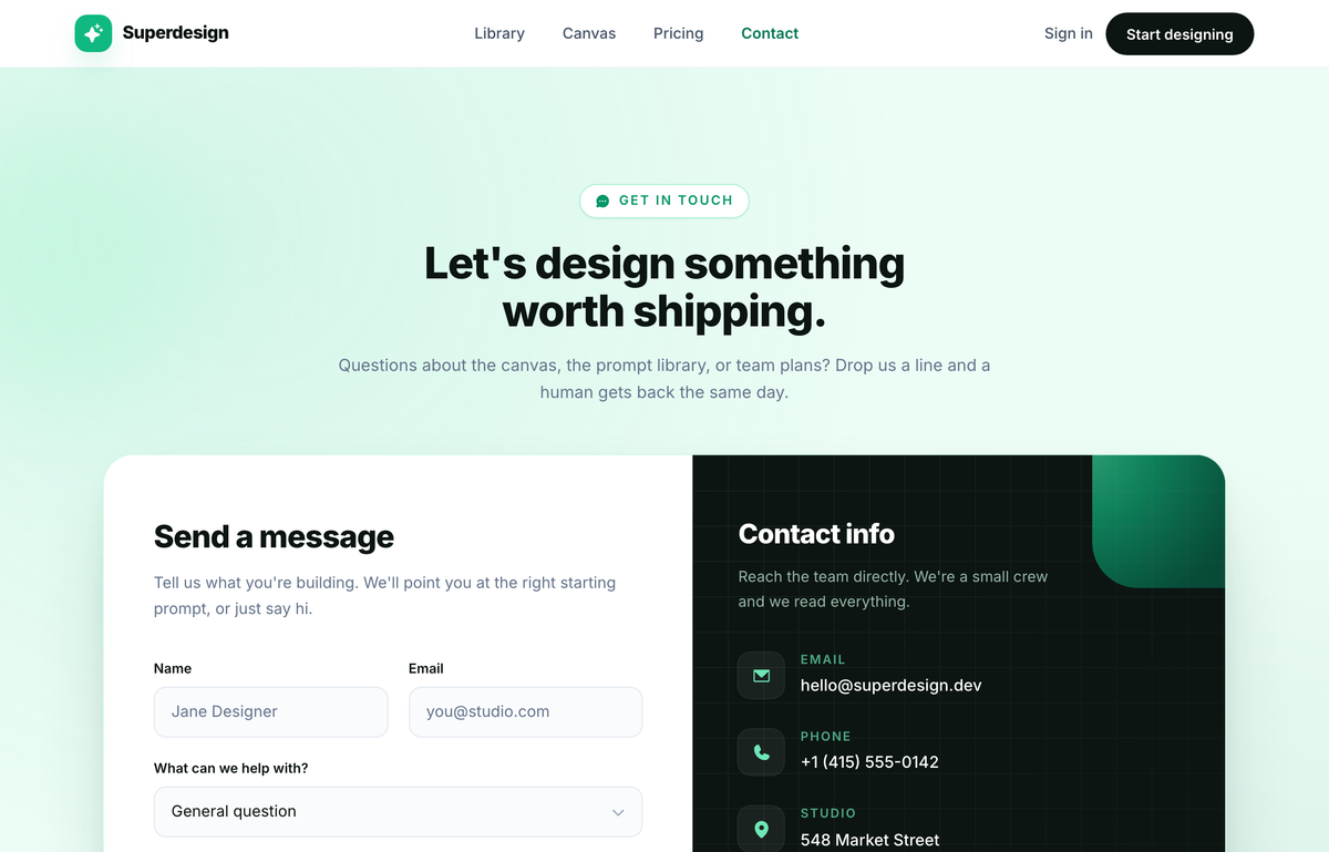 Talk to Superdesign — Contact (split-info-emerald) preview