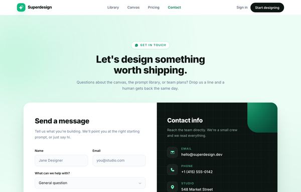 Talk to Superdesign - Contact (split-info-emerald) preview