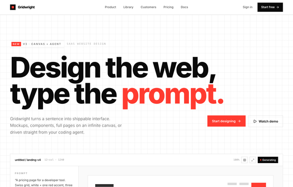 Gridwright - Design the web, type the prompt (Swiss Grid / Signal Red) preview