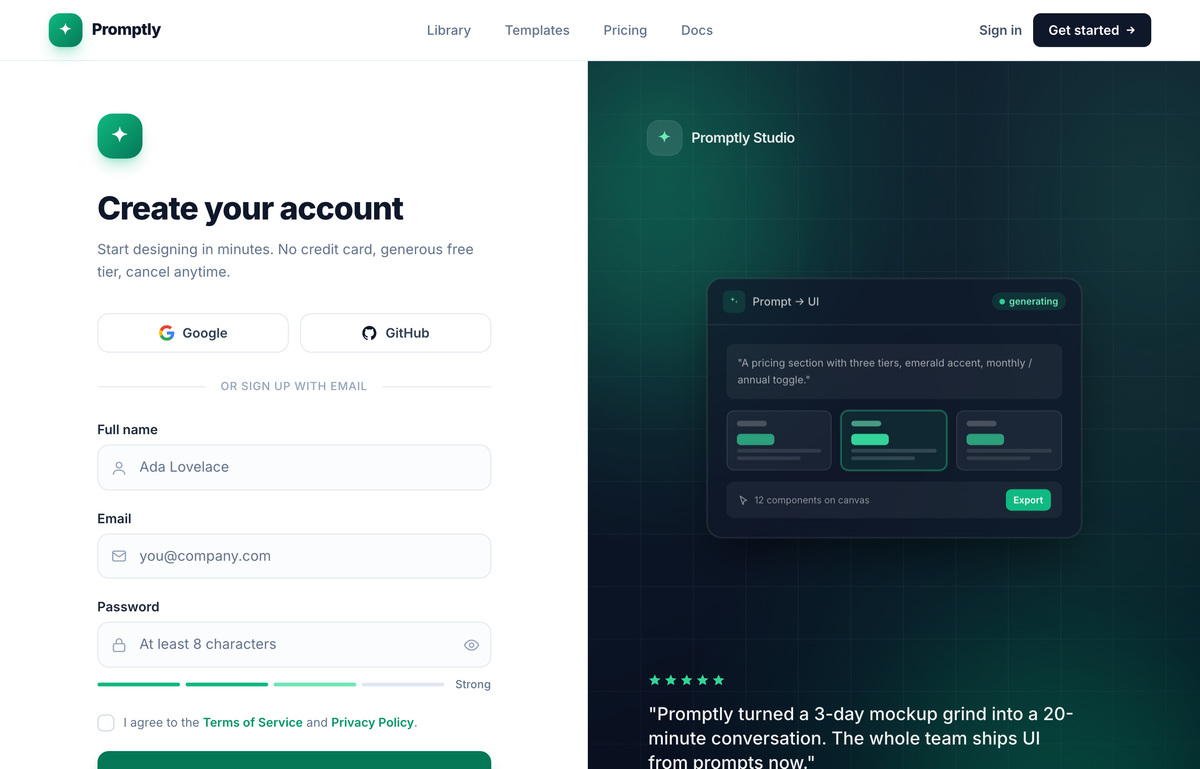 Create your account · Promptly — split-image emerald sign-up preview