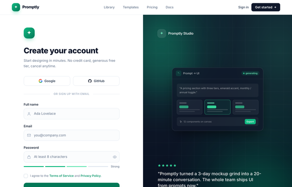 Create your account · Promptly - split-image emerald sign-up preview