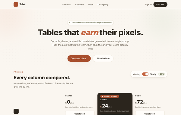 Tablr - warm comparison/pricing matrix (mobile reflow + contrast fixes) preview