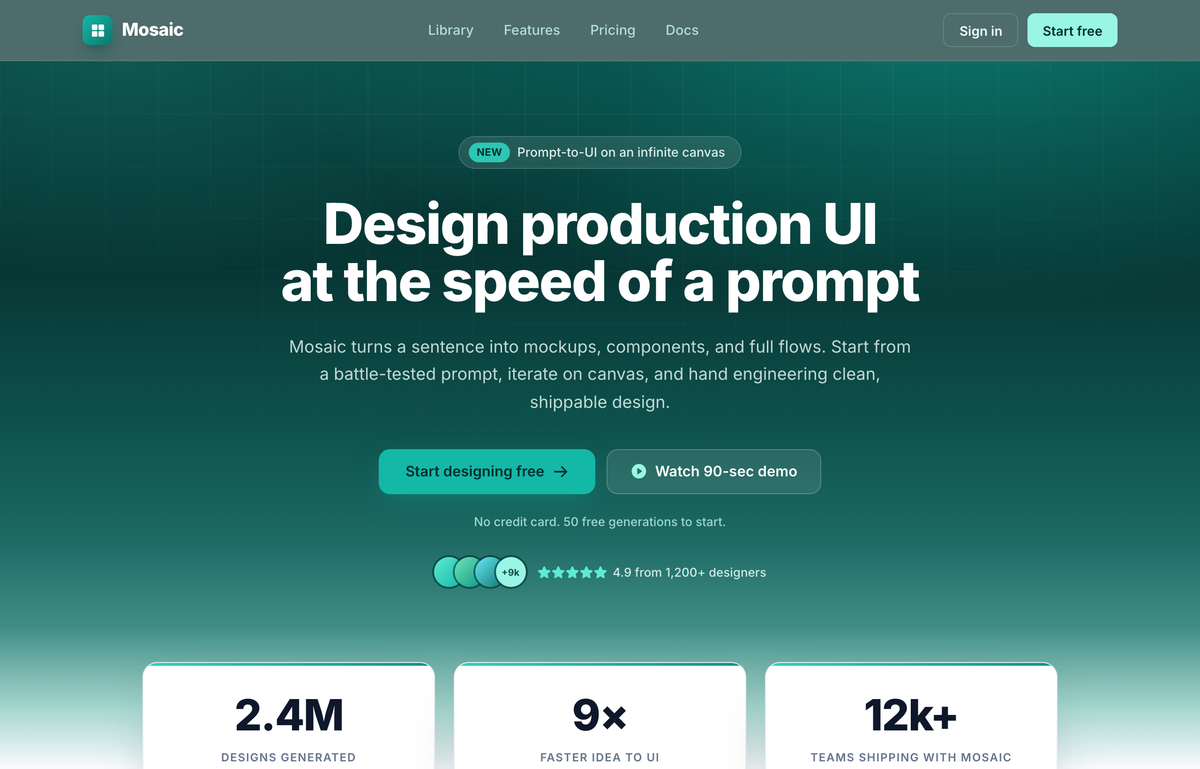 Metric-Led Teal Trust Hero — "Design UI at the Speed of a Prompt" preview