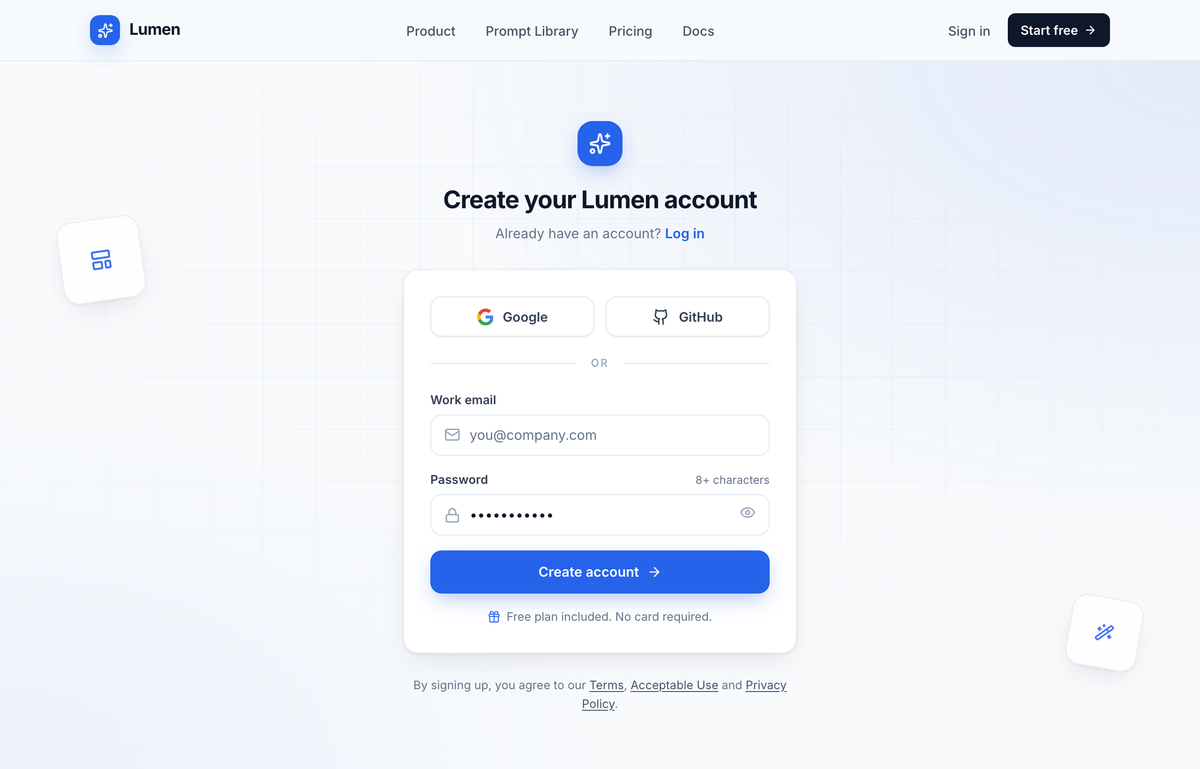 Create your Lumen account — centered card (cobalt) preview