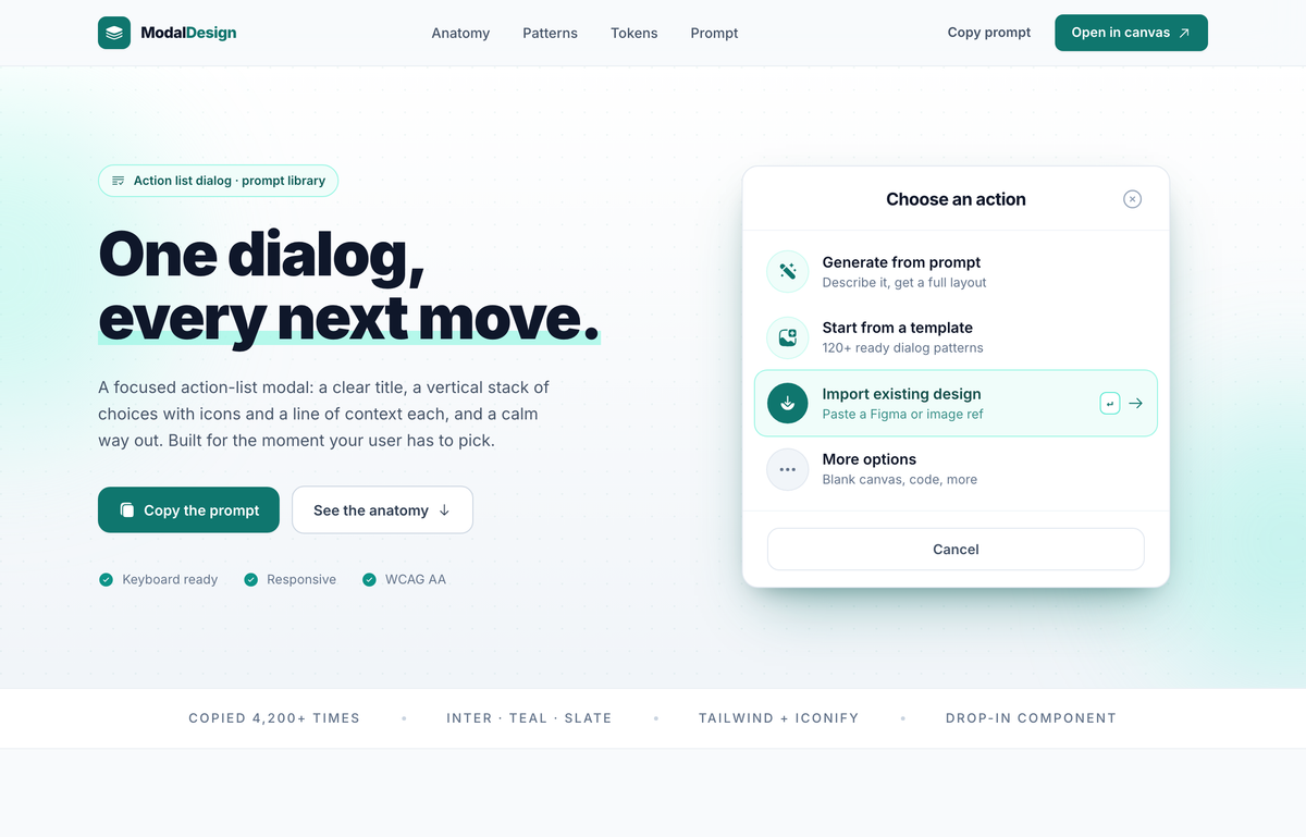 Action List Modal — Teal preview