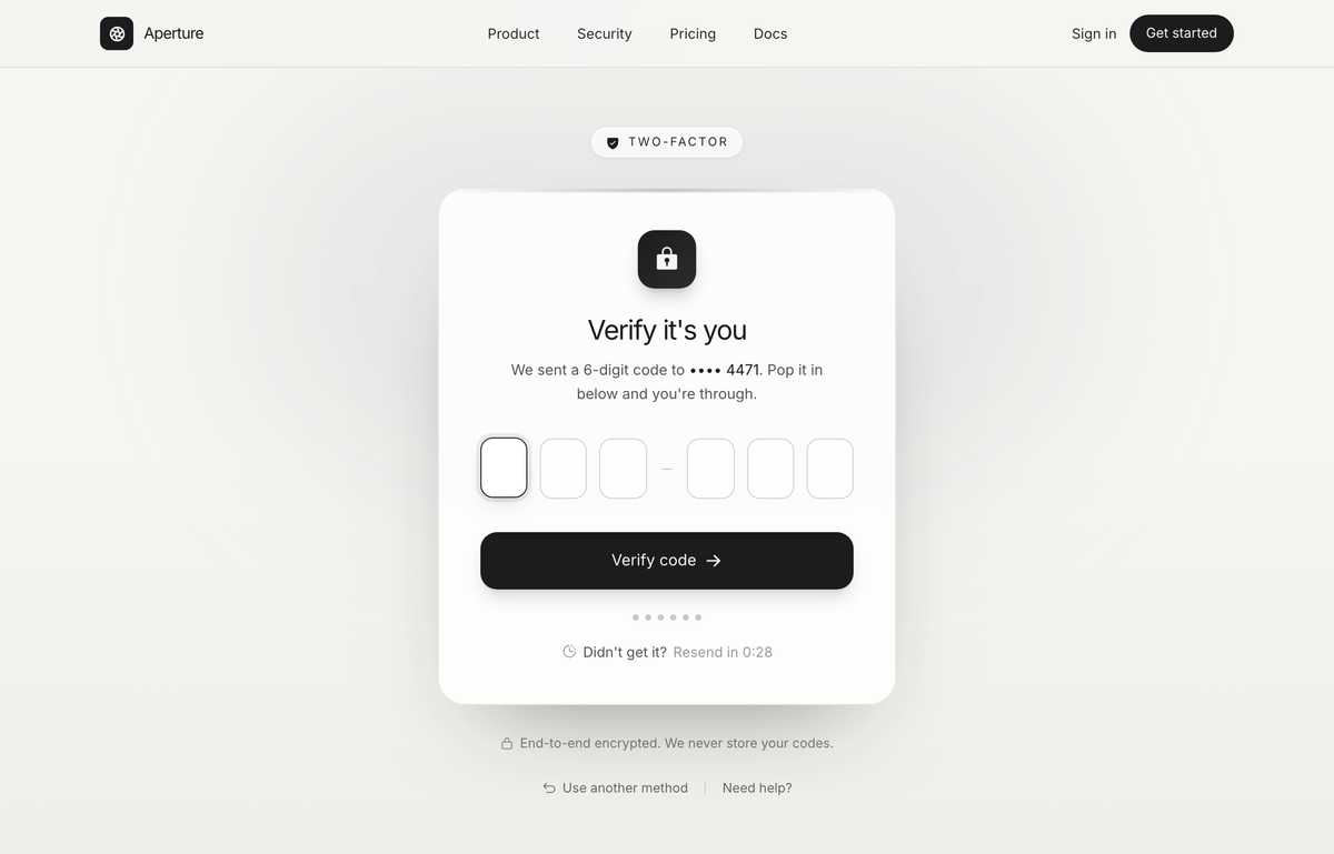 Verify it's you · Aperture (OTP / 2FA, graphite-platinum) preview