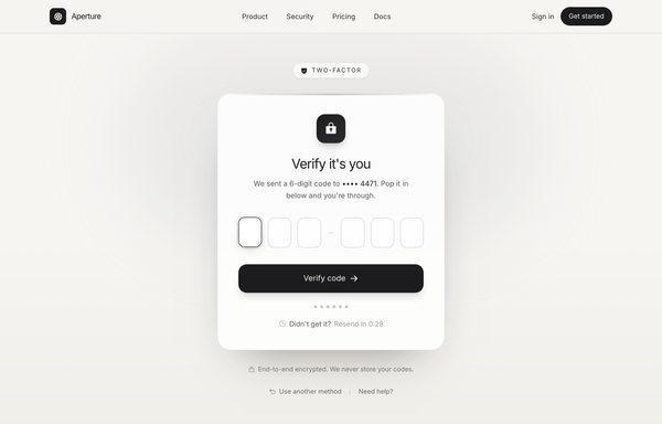Verify it's you · Aperture (OTP / 2FA, graphite-platinum) preview
