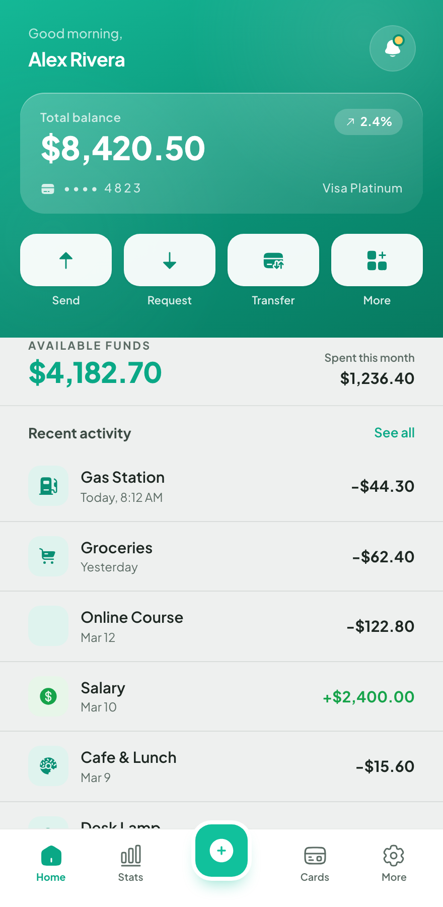 Fintech Wallet — Mobile Home Screen preview