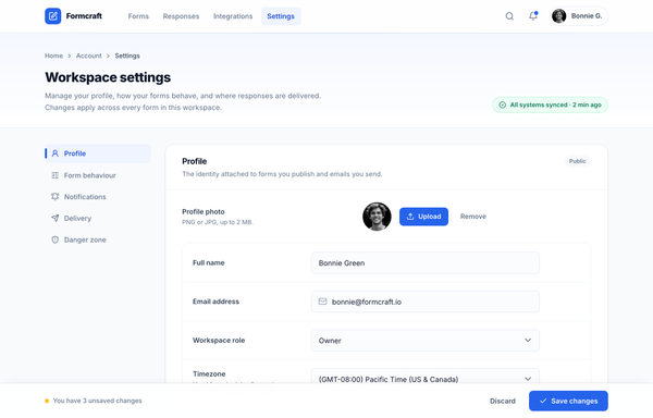 Workspace Settings · Formcraft (two-column, cobalt) preview
