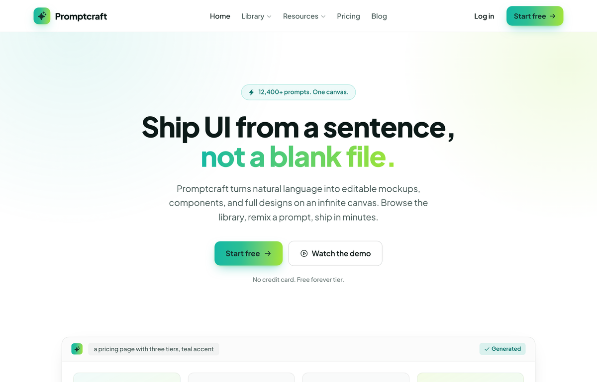 Promptcraft — Gradient CTA (teal→lime) navbar landing preview