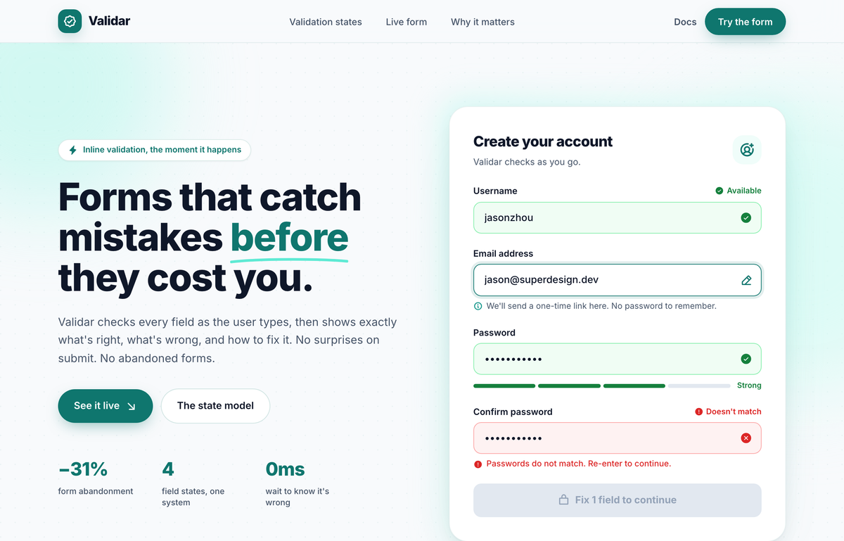 Validar — Forms that catch mistakes before they cost you preview