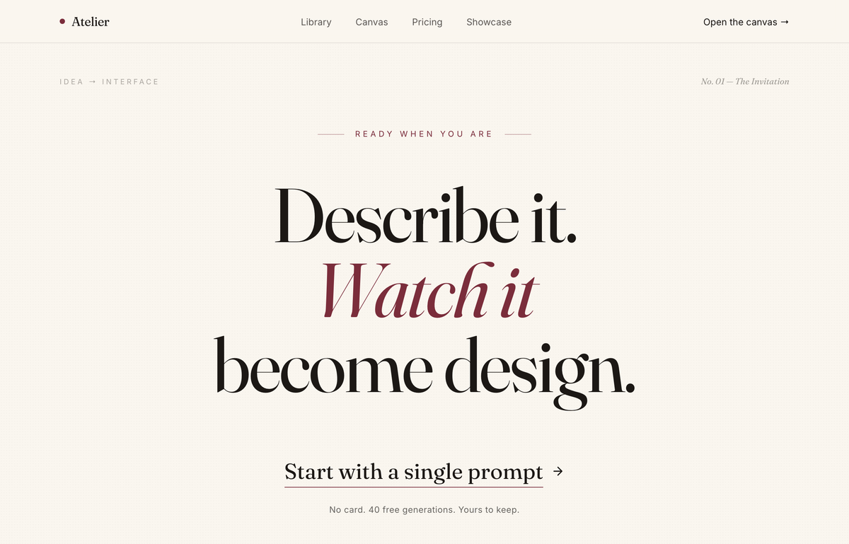 Atelier — Design, Spoken Into Being (editorial serif / burgundy) preview