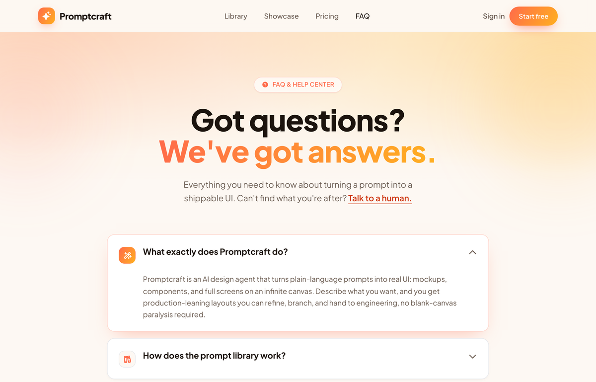 Promptcraft · Answers, sorted (gradient-CTA FAQ) preview