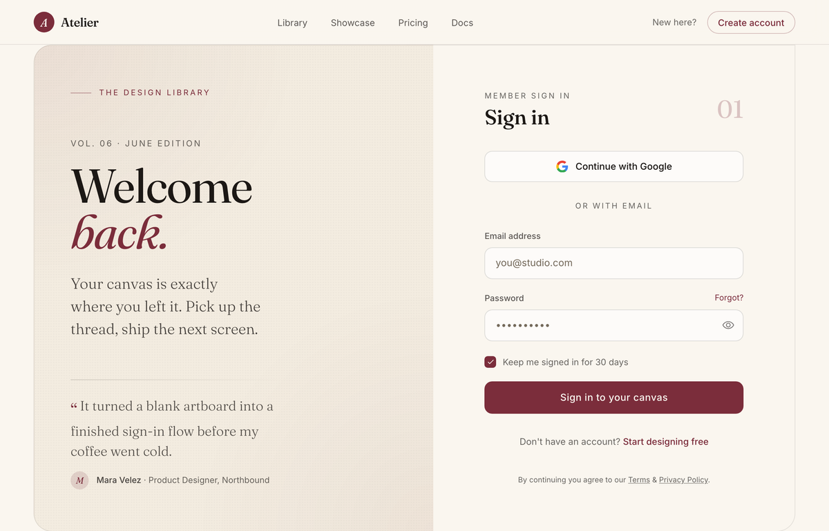 Atelier — Welcome Back (editorial serif burgundy login) preview