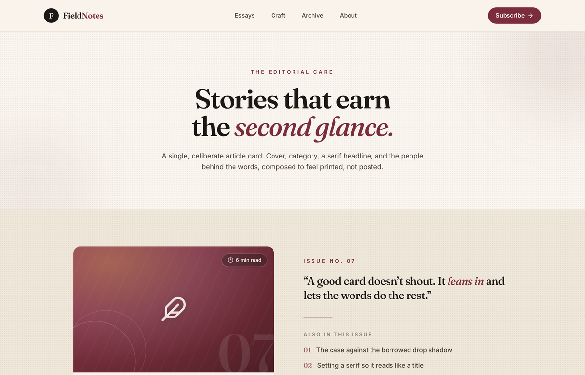 The Editorial Card — a blog-article card that earns the second glance preview