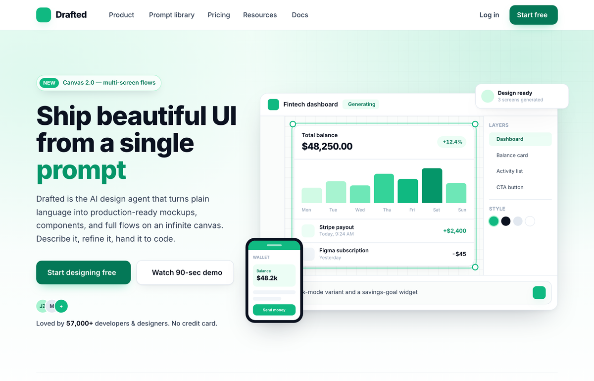 Drafted — Ship beautiful UI from a single prompt (split product, emerald) preview