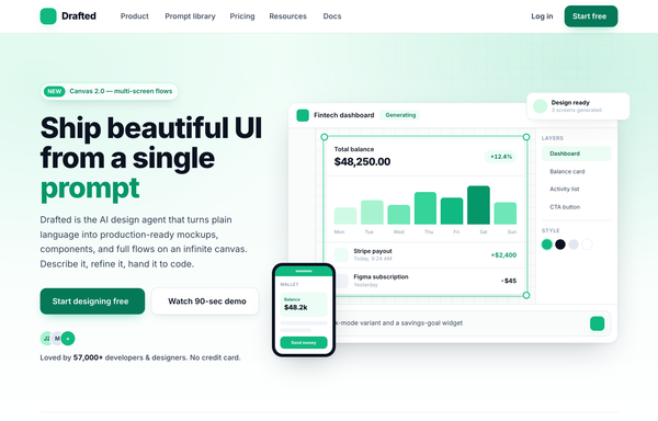 Drafted - Ship beautiful UI from a single prompt (split product, emerald) preview