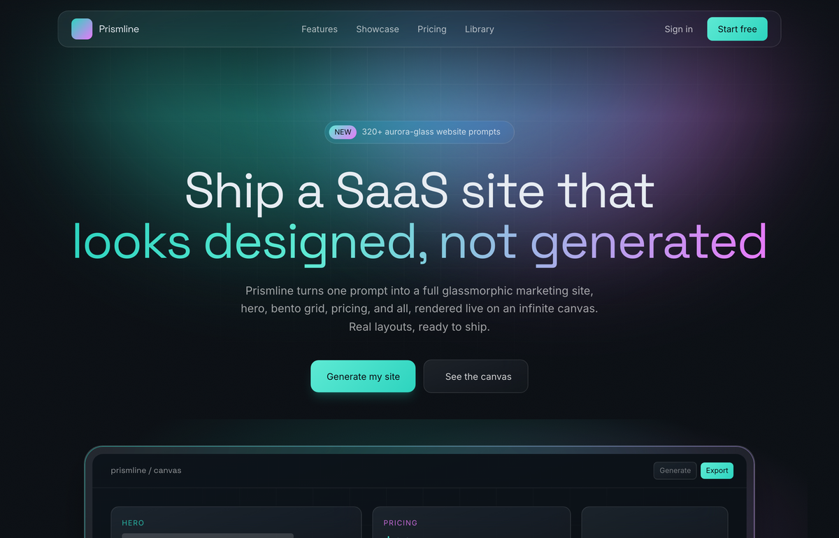 Prismline — Aurora Glass: Ship a SaaS Site That Looks Designed, Not Generated preview
